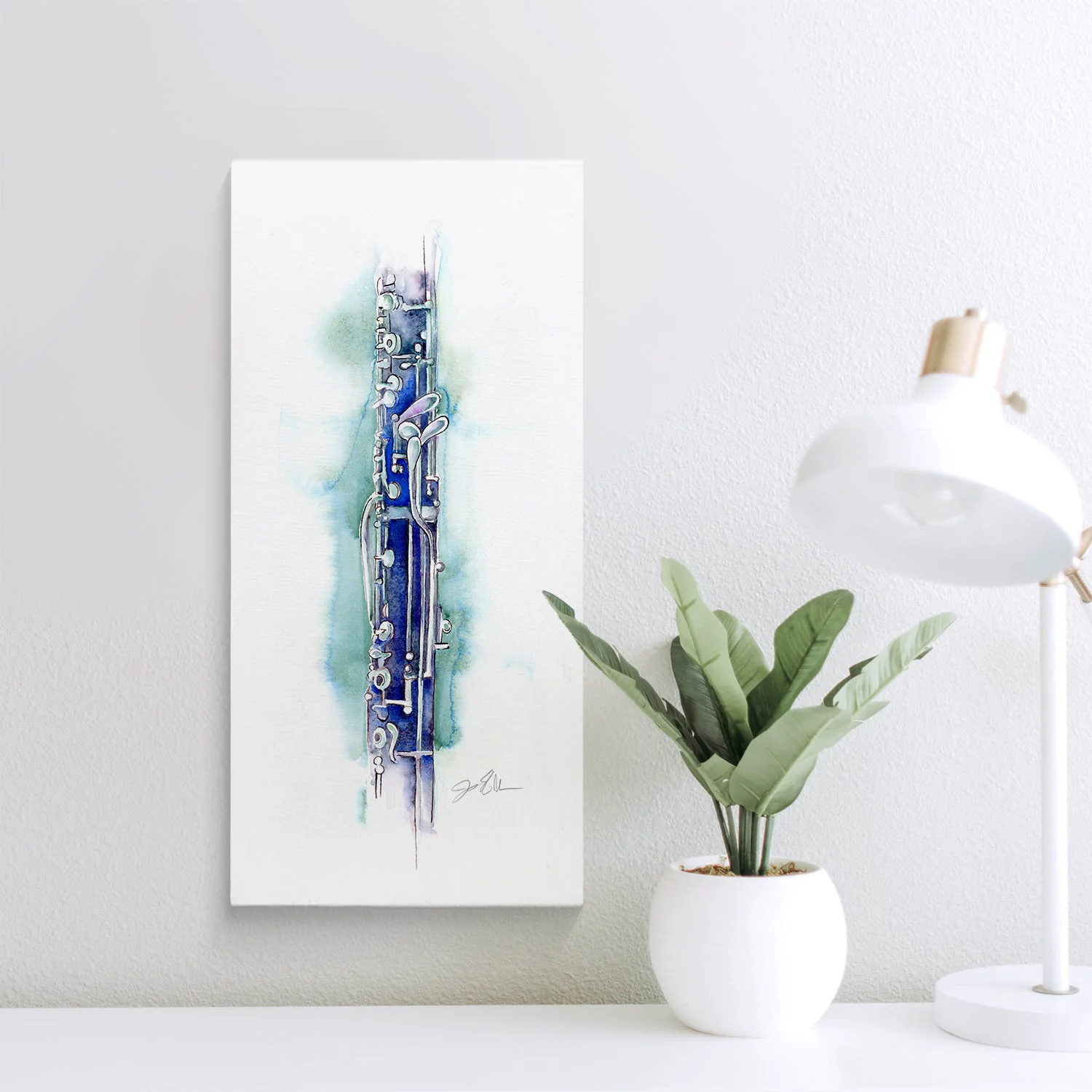 Jamie Hansen’s English Horn in Blueberry displayed on a wall beside a plant and lamp.